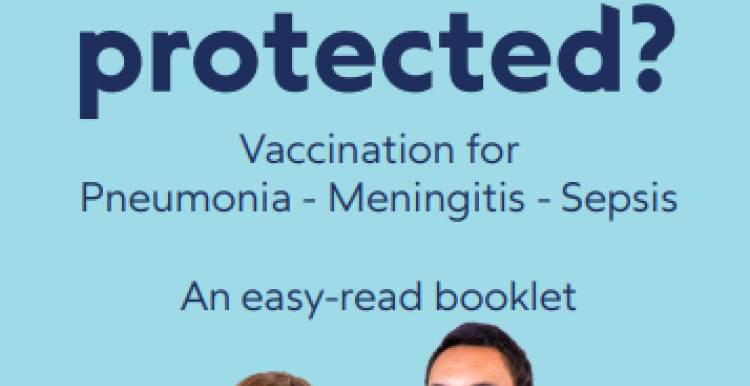 blue background poster showing a picture of two people and words about vaccinations. This poster is promoting this easy-read booklet